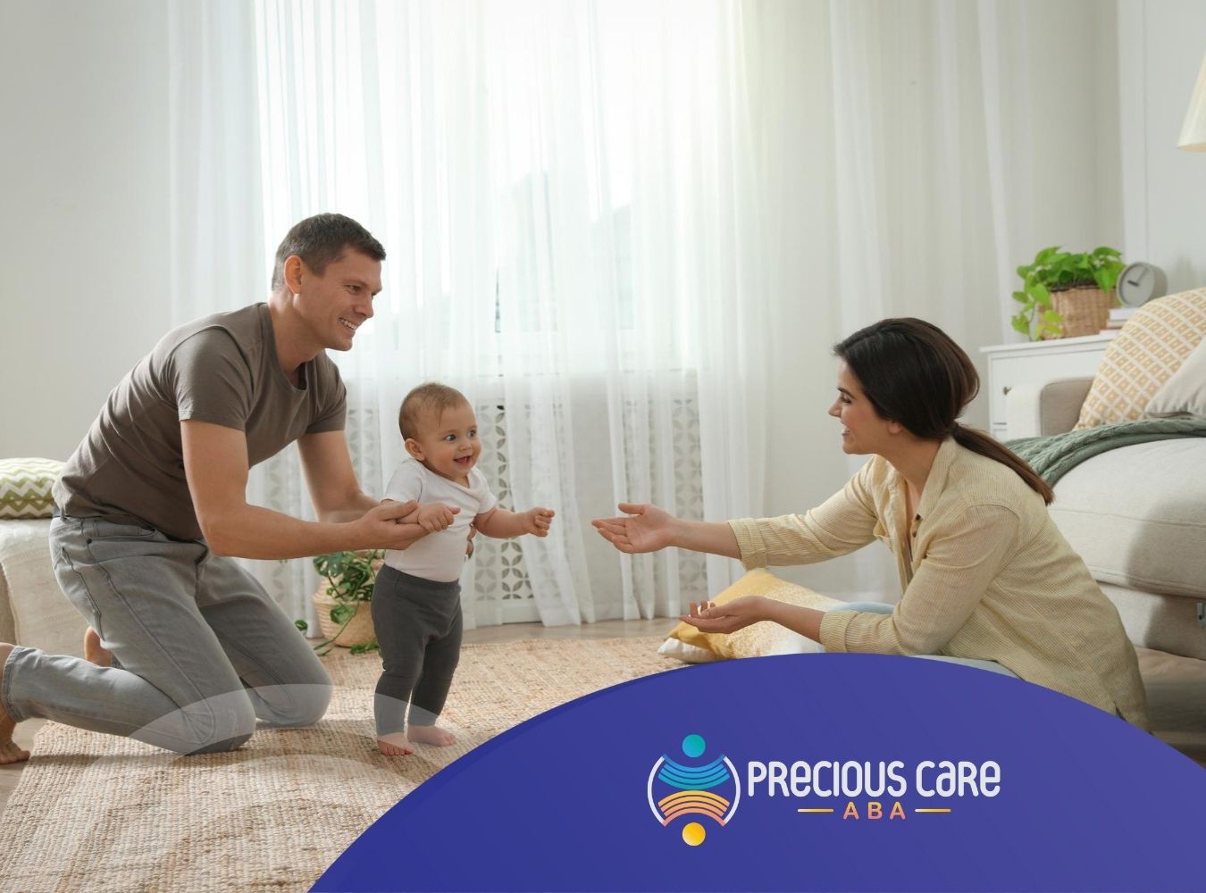 A baby is taking its first steps towards an outstretched hand of a seated parent.