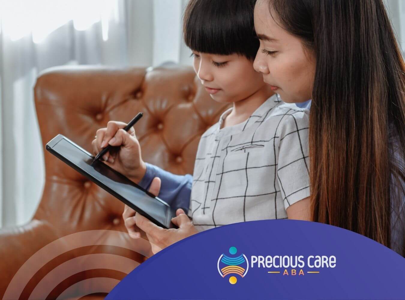 An autistic child and ABA therapist are using an AAC device in ABA therapy.