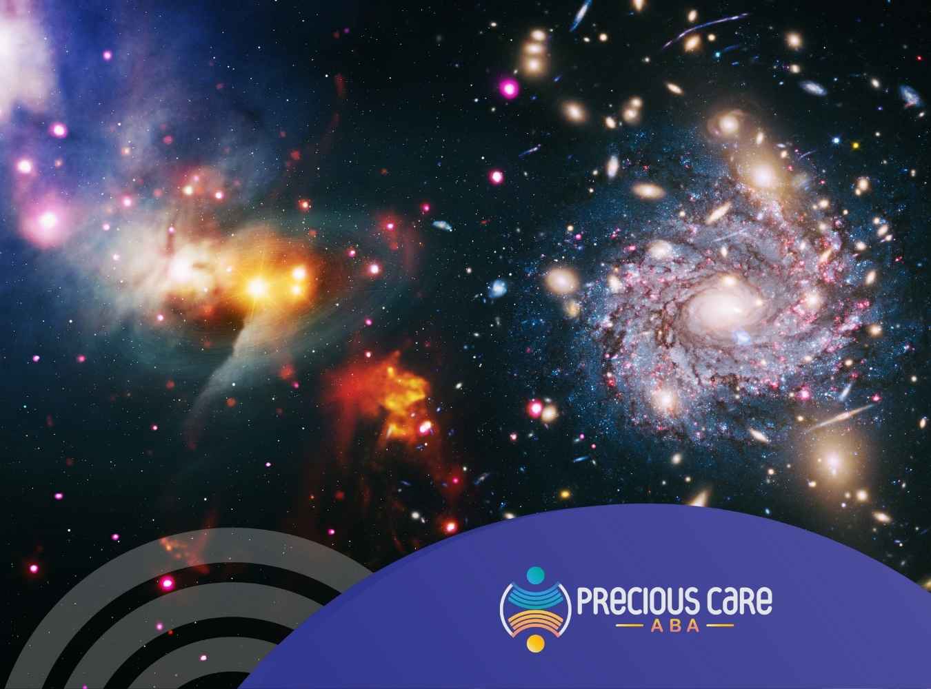 A vibrant galaxy scene with bright stars, colorful nebulae, and swirling galaxies.