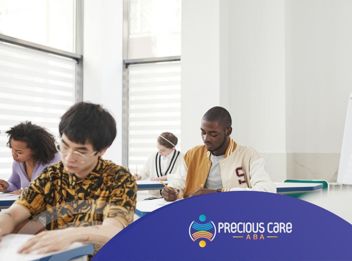 BCBA students focused on writing during the BCBA exam in a bright classroom in New Jersey.