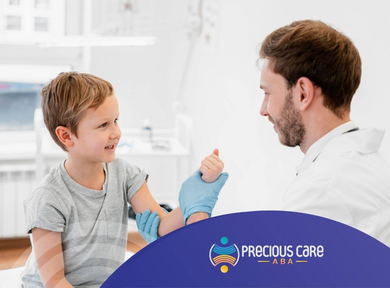 Doctor examining smiling boy’s arm during genetic testing for autism in clinic.