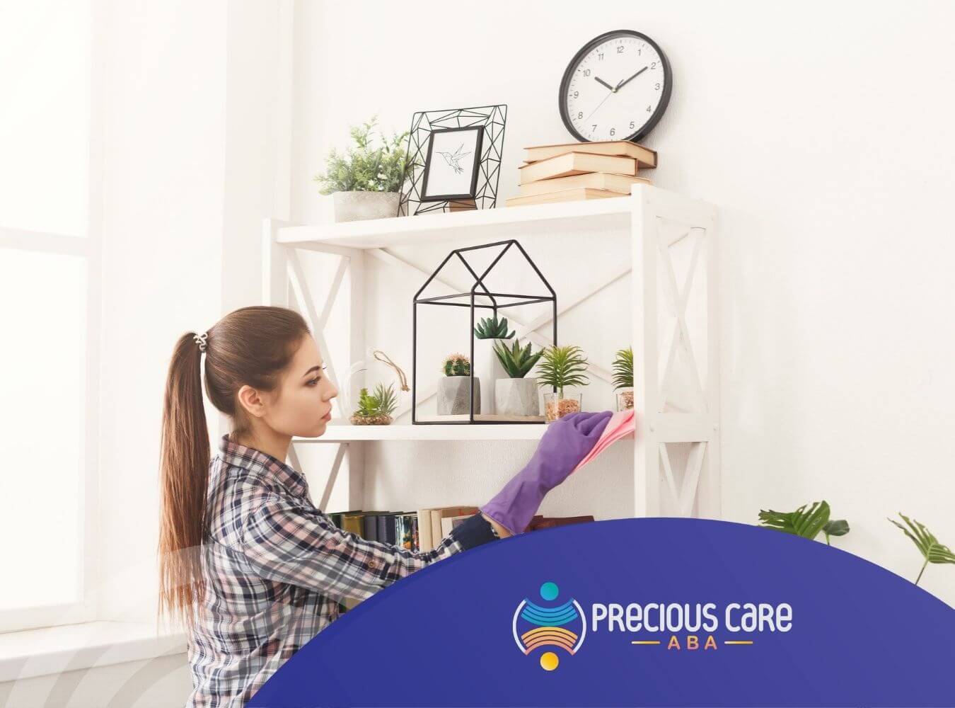Autistic woman cleaning shelf with purple gloves.
