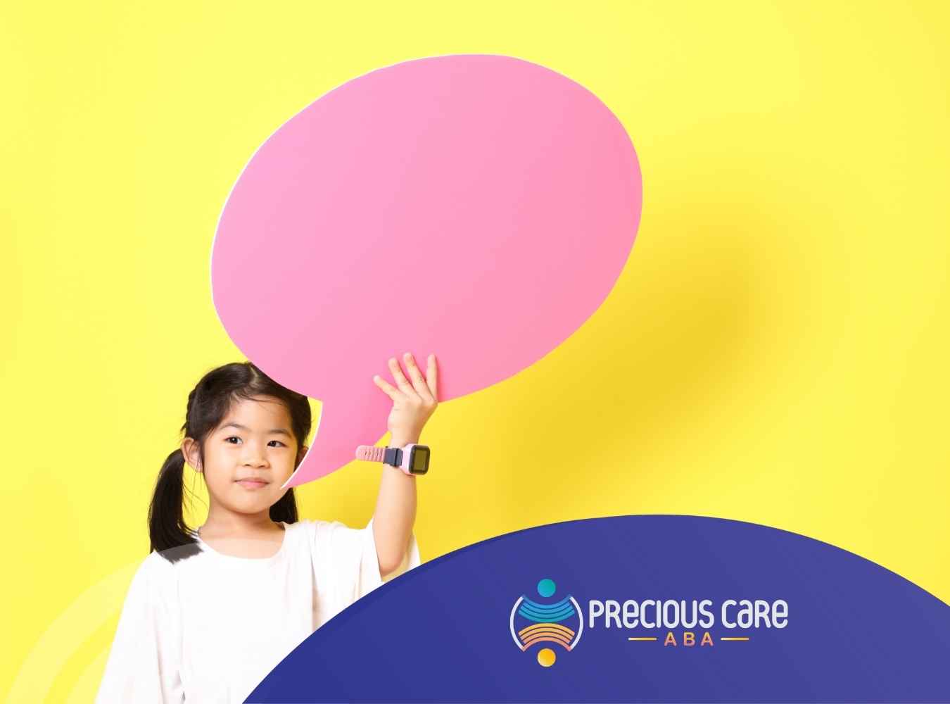 A smiling child with pigtails holds a large pink speech bubble against a bright yellow background.