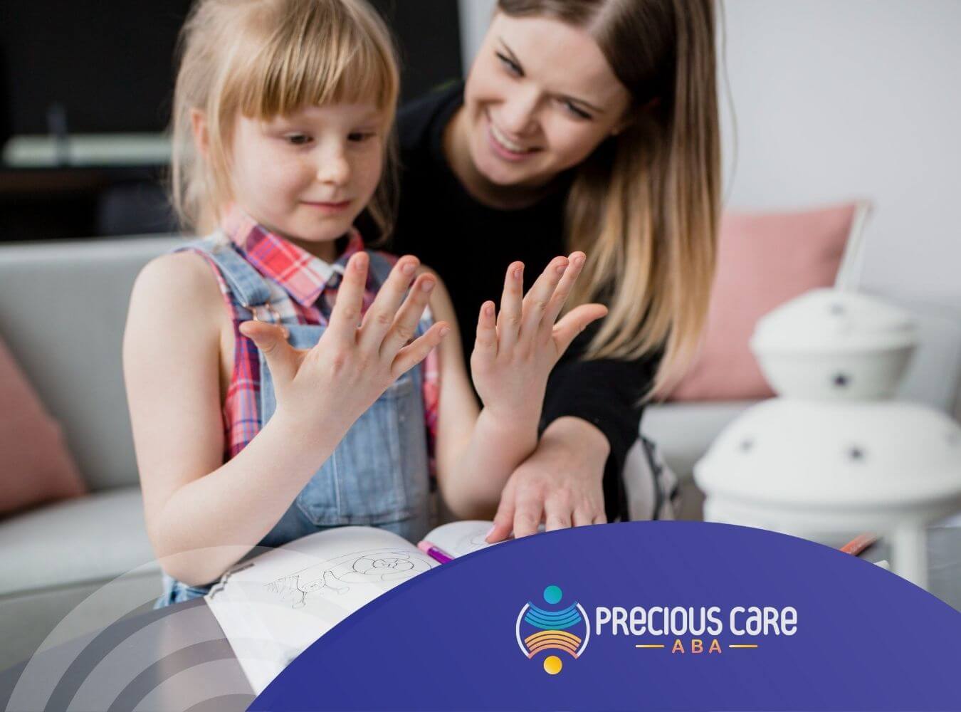 A girl counting on fingers with a BCBA guiding her over a workbook in ABA therapy.