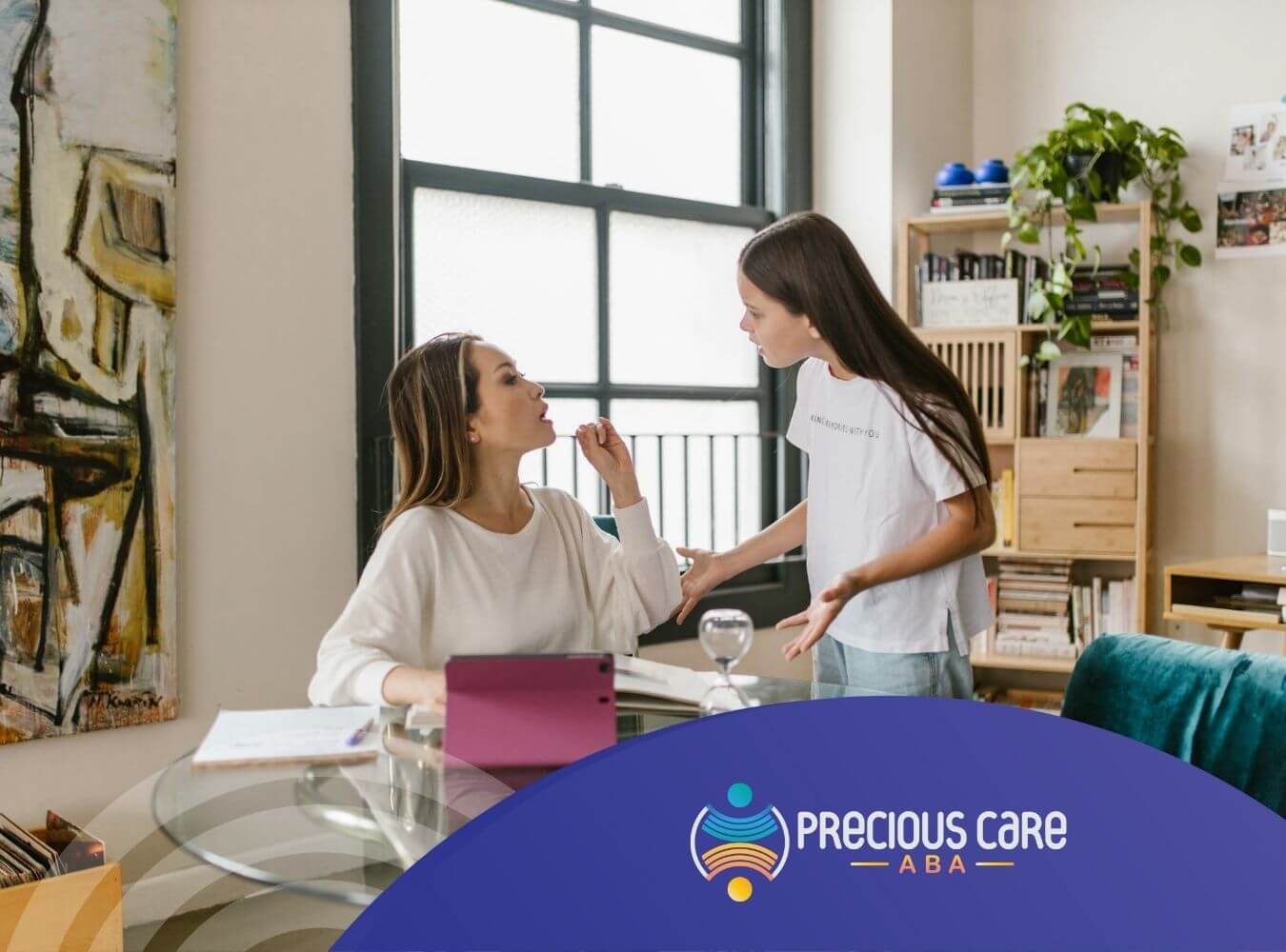 Mother and autistic daughter having a serious conversation at home after ABA therapy in Maryland.